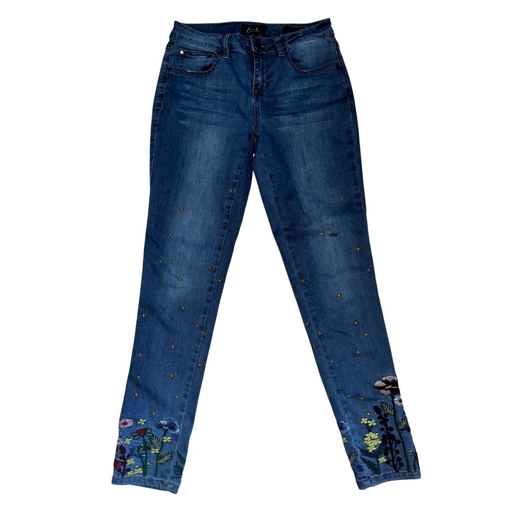 Earl Jeans Womens 4 Skinny Ankle Blue Floral‎ Embroidered Jeans